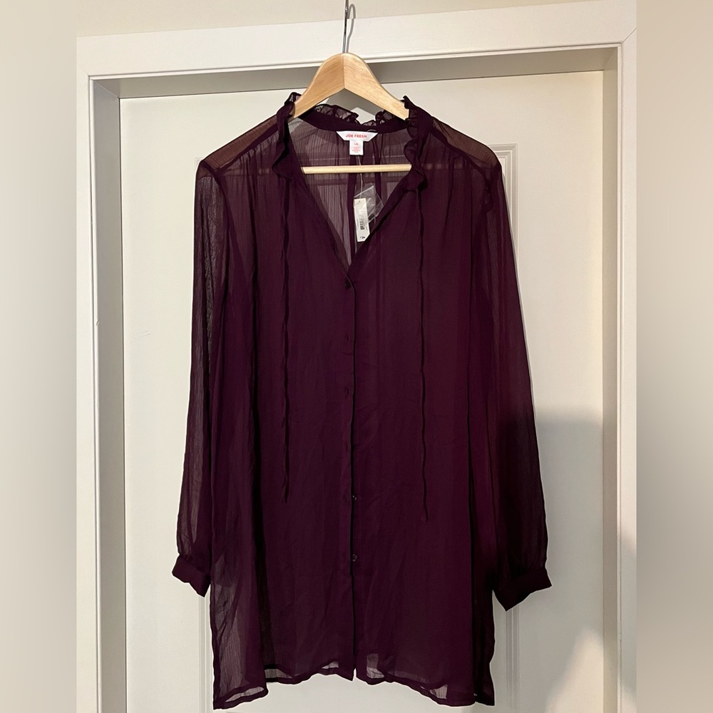 ‼️SALE‼️Purple/Burgundy sheer blouse with ruffle/tie neck